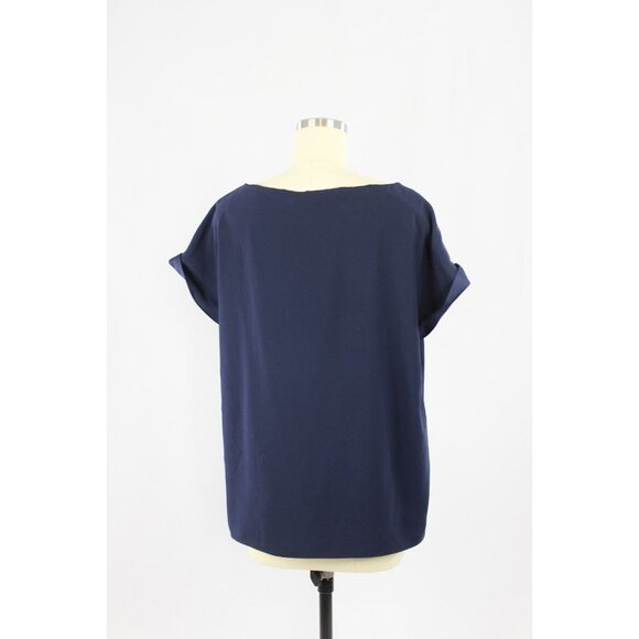 MM.LAFLEUR Betty Navy Blue Matte Crepe Cuffed Boat Neck Blouse Top, Size XL - Picture 3 of 14